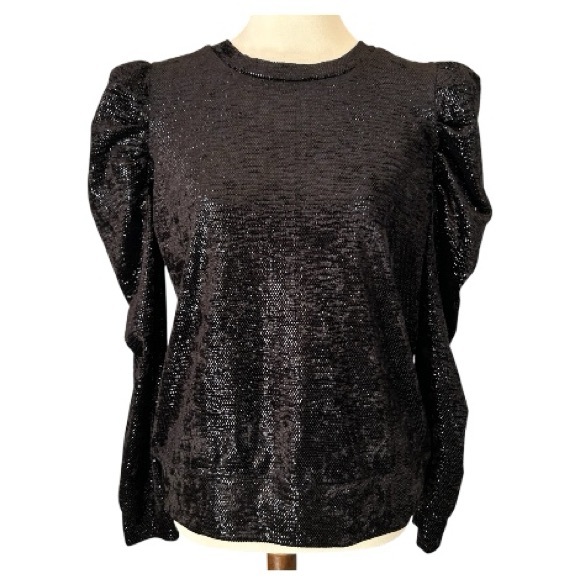 Womens Med Soft Velvet Sparkly Top Black Puff Sleeve Party Holiday Witch Express - Picture 1 of 8